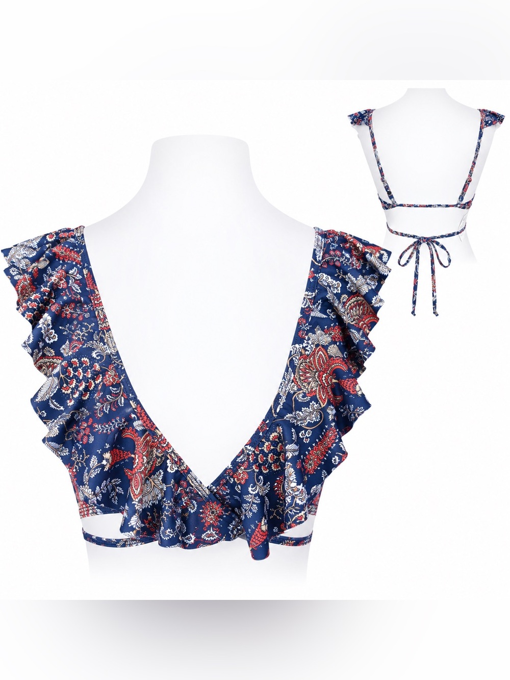 Verde Limon Bikini Top M Blue Floral Ruffle‎ Plunge Wrap Tie Back NWT Swim Navy